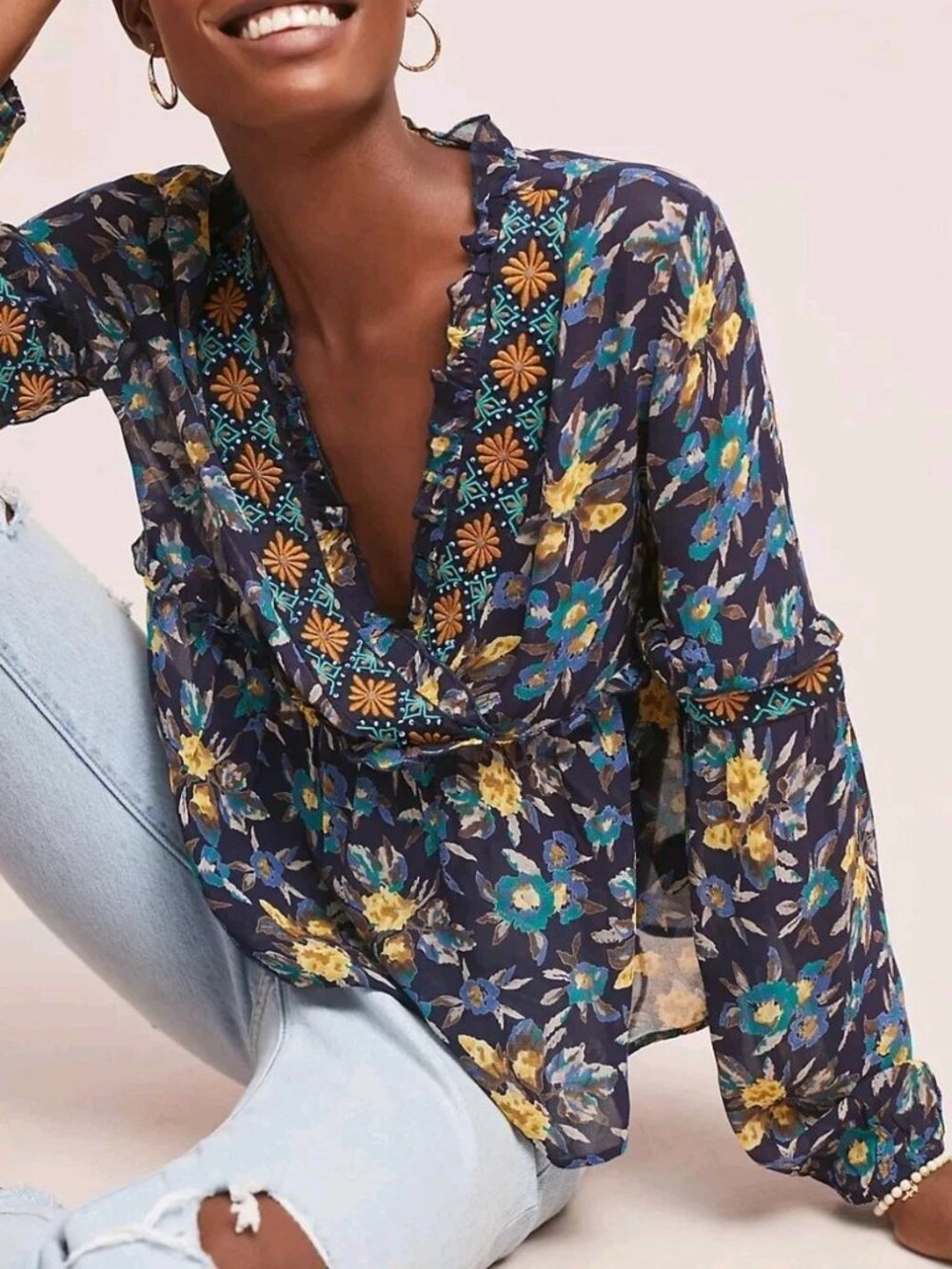 Meadow Rue by Anthropologie Strasser Embroidered Peasant Blouse | Size XS | Navy